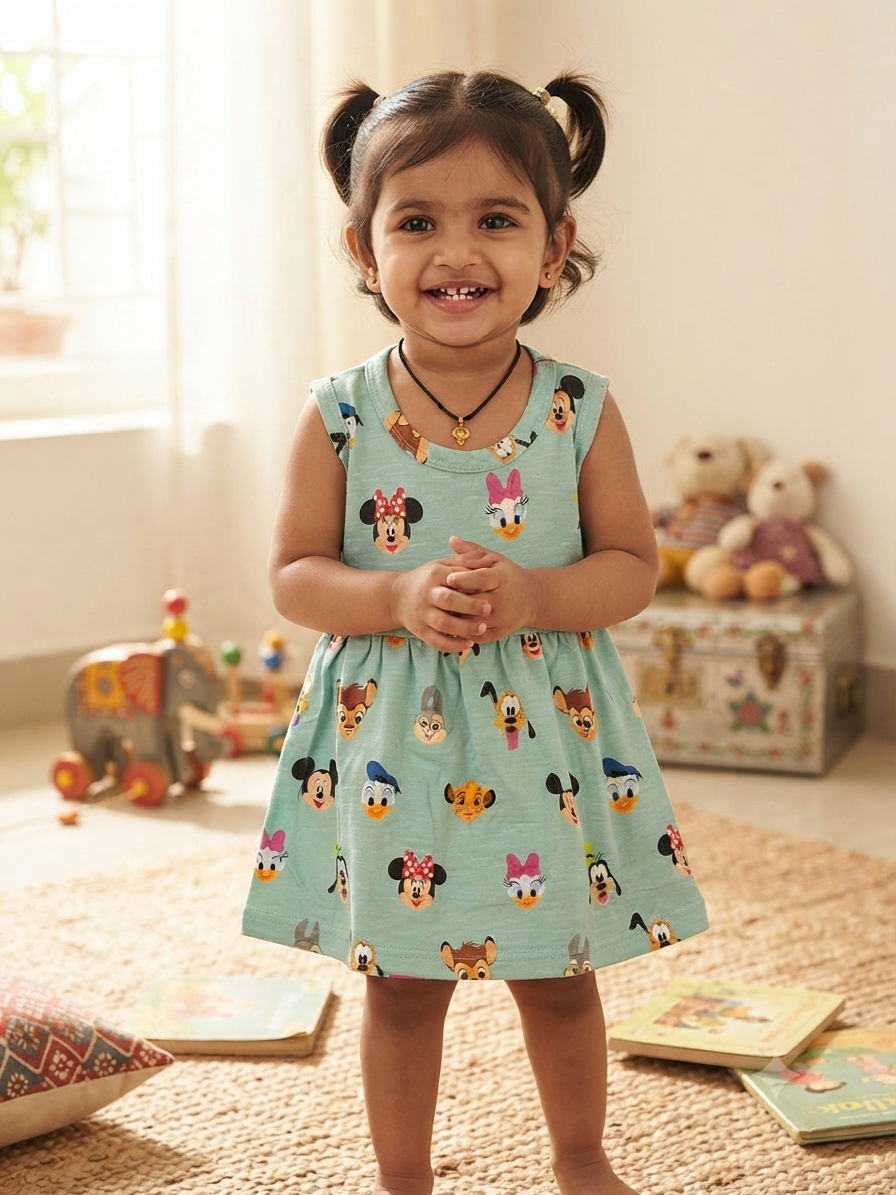 Mint Green Disney Character Printed Kids Frock