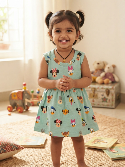 Mint Green Disney Character Printed Kids Frock