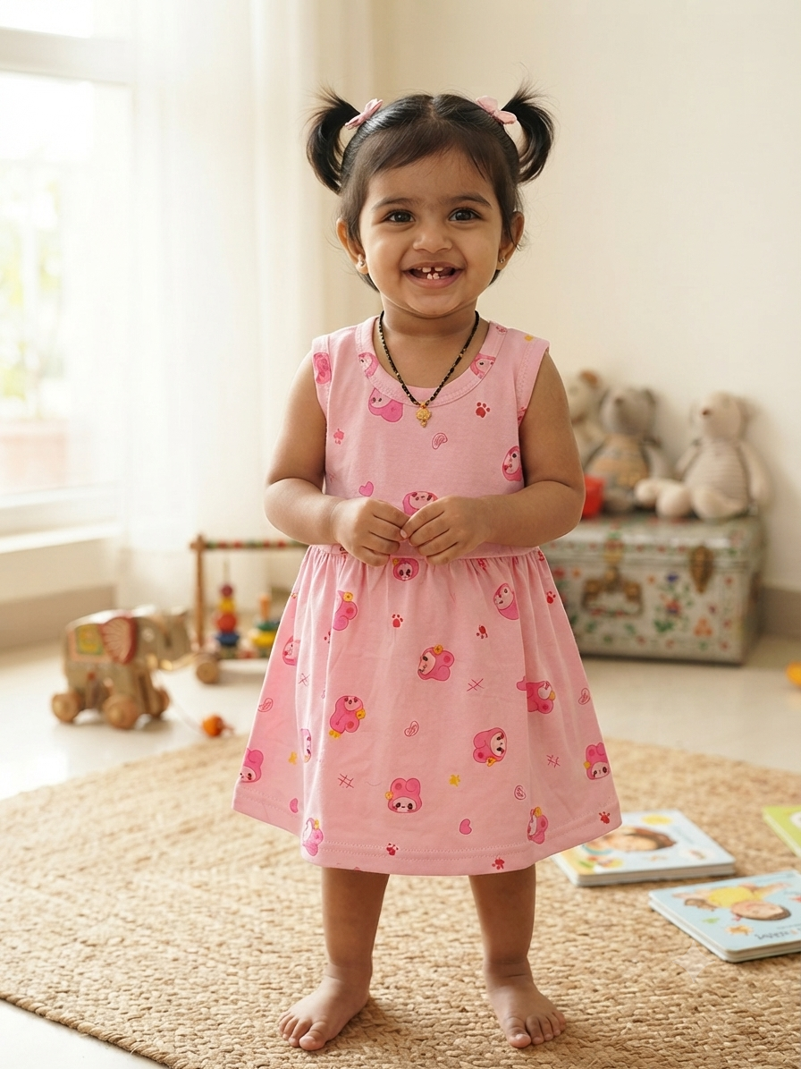 Baby Pink Bunny Printed Kids Frock