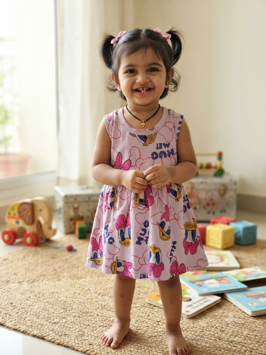 Light Pink Cartoon Duck Printed Kids Frock