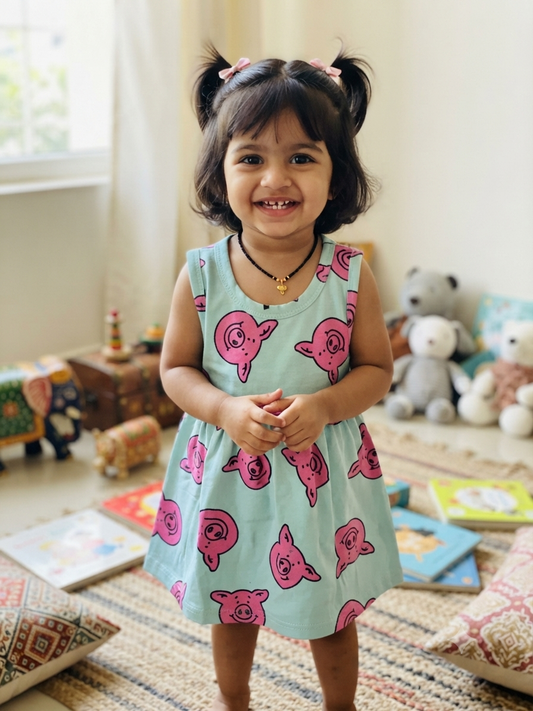 Sky Blue Pig Face Printed Kids Frock