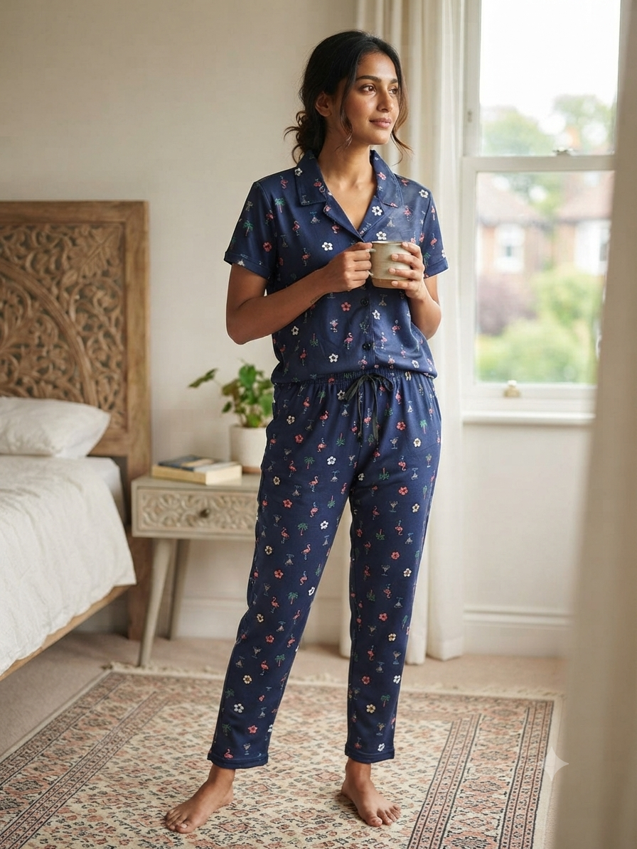 Spun Fabric Navy Blue Floral Print Women's Night Suit