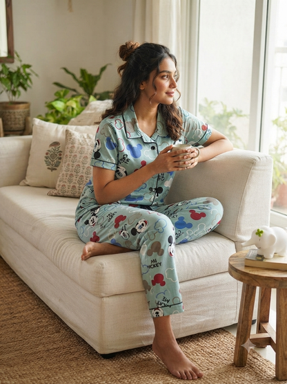 Sky Blue Mickey Mouse Print Women's Night Suit