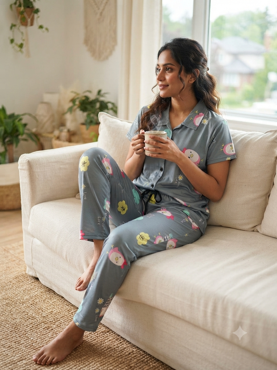 Spun Fabric Slate Grey Cartoon Print Women's Night Suit