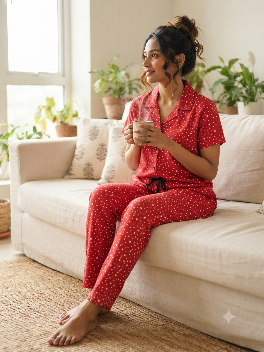 Spun Fabric Red Star Print Women's Night Suit