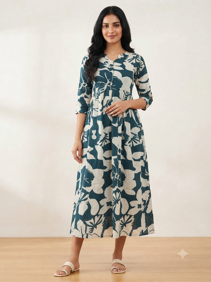 Teal Floral Print Cotton Maxi