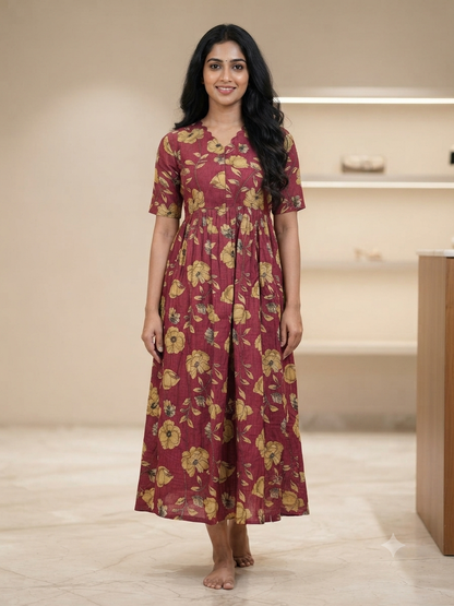 Women's Wine Maroon Vintage Floral Print Center Zip Cotton Maxi