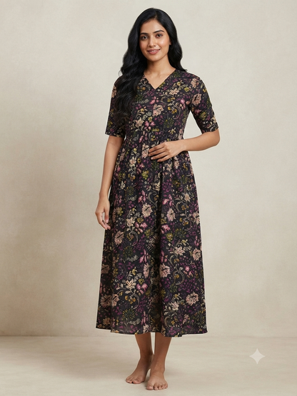 Midnight Wildflower Center Zip Cotton Maxi