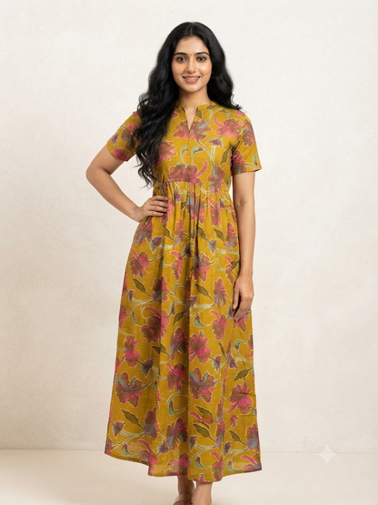 Mustard Floral Print Cotton Maxi