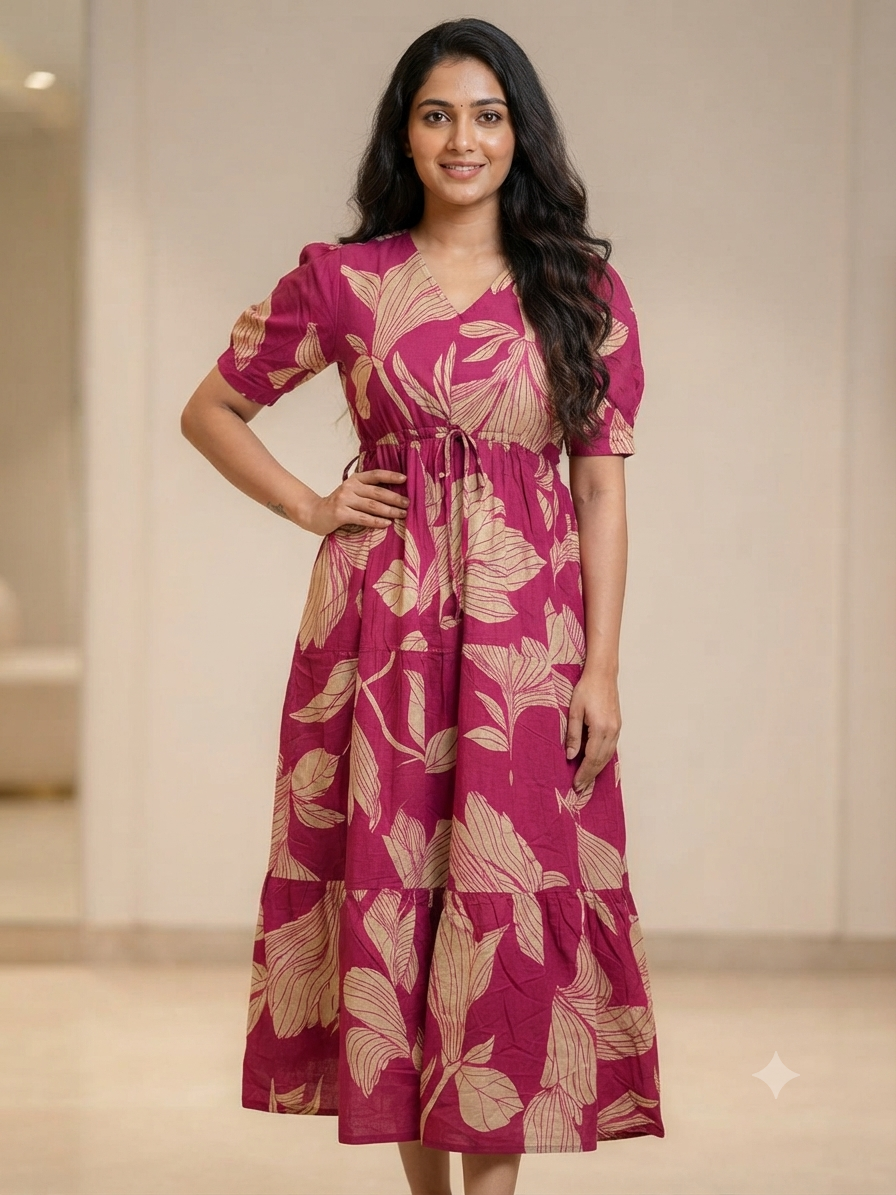 Leaf Print Pink Cotton Maxi