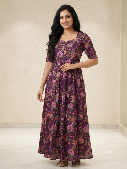 Maroon Floral Print Center Zip Cotton Maxi