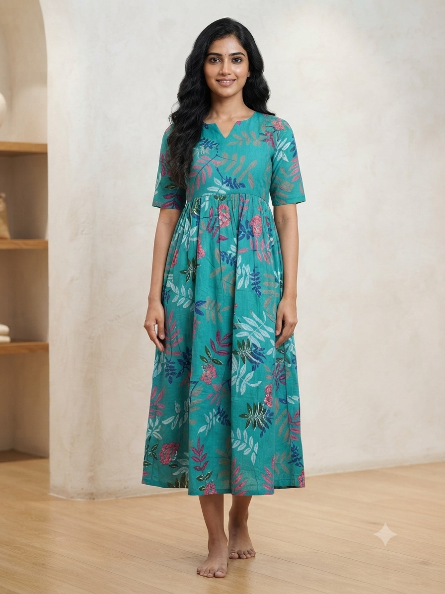 Teal Blue Leaf Print Double Zip Cotton Maxi