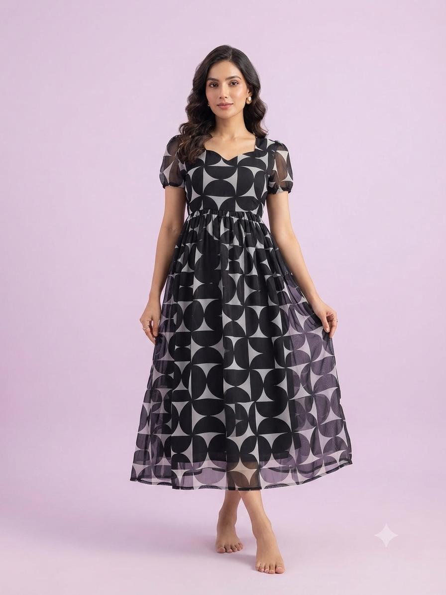 Black Geometric Print Georgette Non-Feeding Gown
