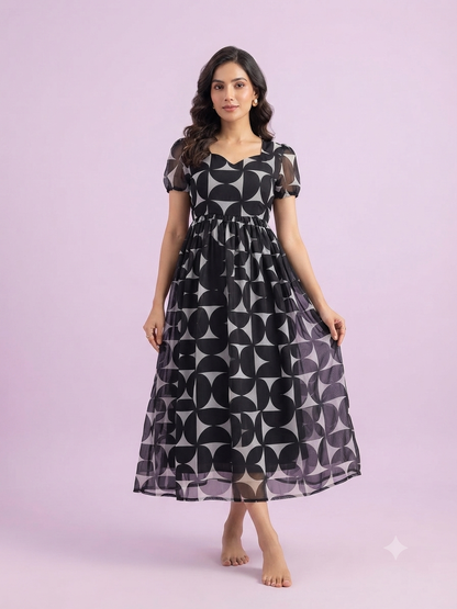 Black Geometric Print Georgette Non-Feeding Gown