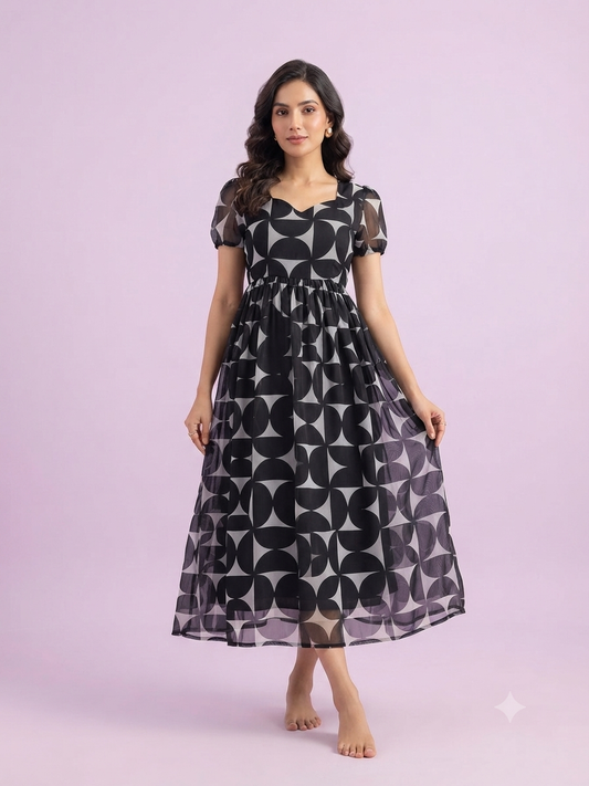 Black Geometric Print Georgette Non-Feeding Gown