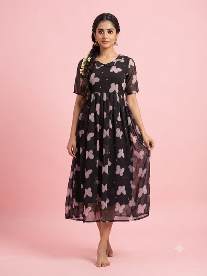 Black Butterfly Print Georgette Non-Feeding Gown