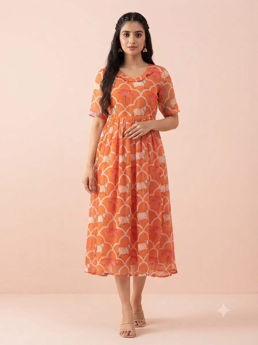 Peach Orange Floral & Sheep Print Georgette Non-Feeding Gown
