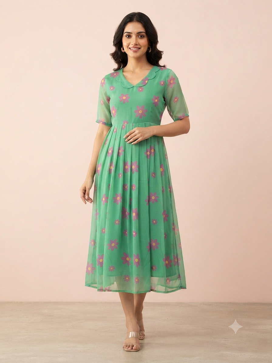 Mint Green Floral Print Georgette Non-Feeding Gown