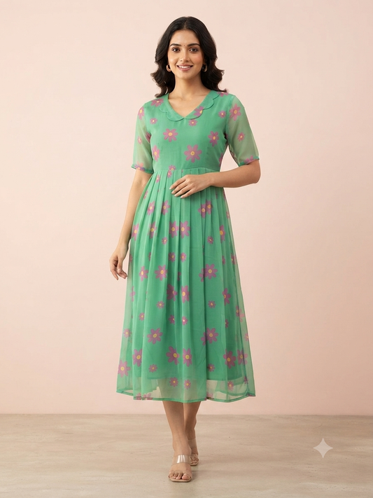 Mint Green Floral Print Georgette Non-Feeding Gown