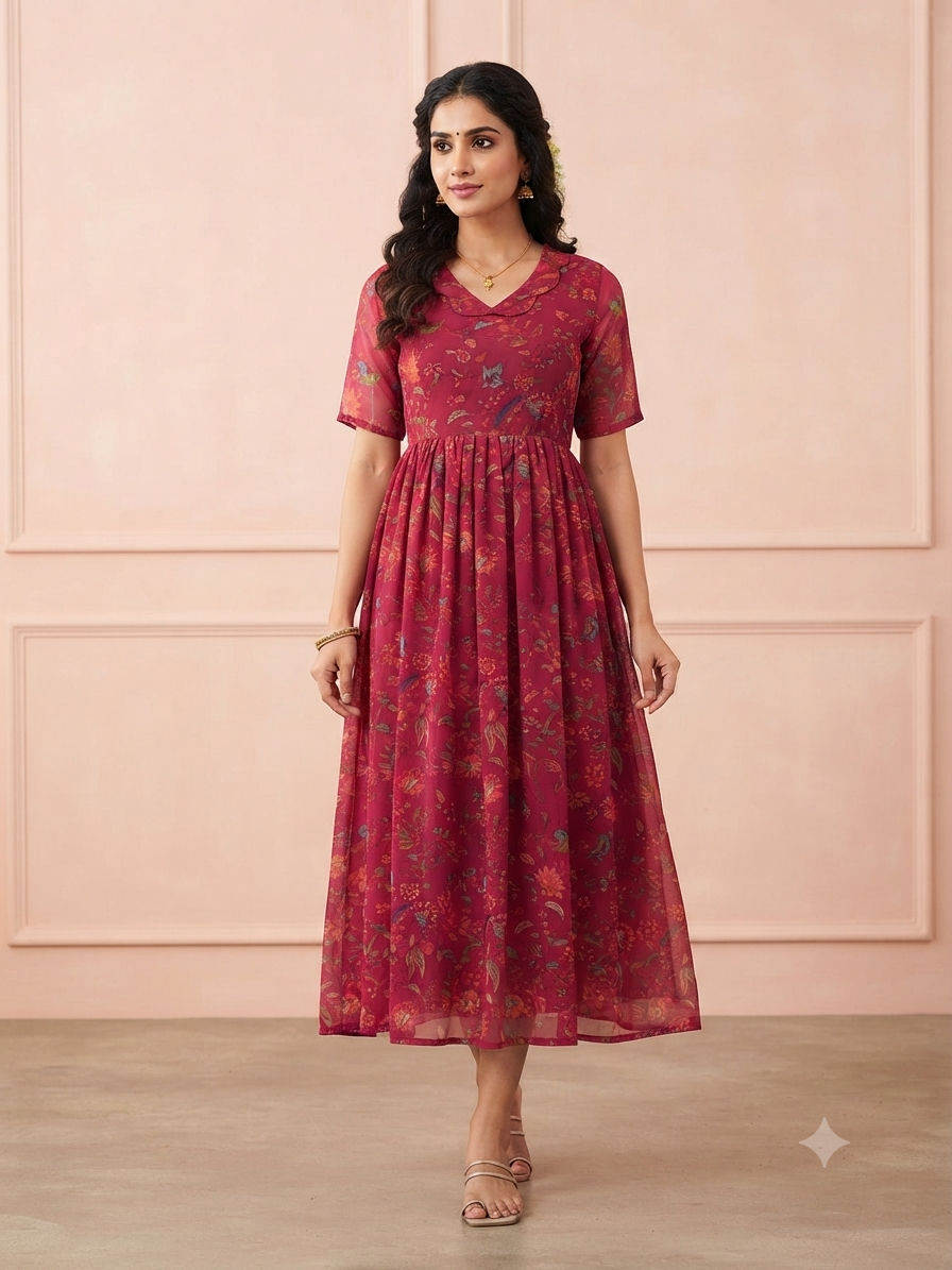 Magenta Floral Print Georgette Non-Feeding Gown