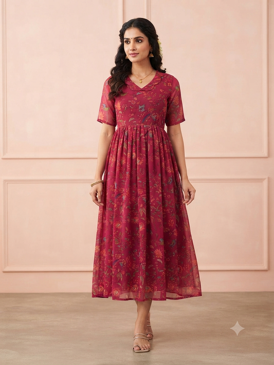 Magenta Floral Print Georgette Non-Feeding Gown