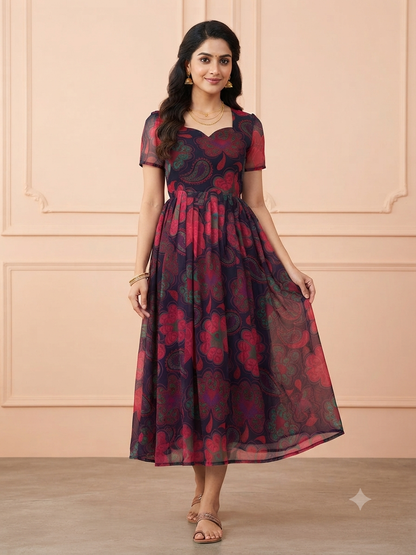 Navy Blue Floral Paisley Print Georgette Non-Feeding Gown
