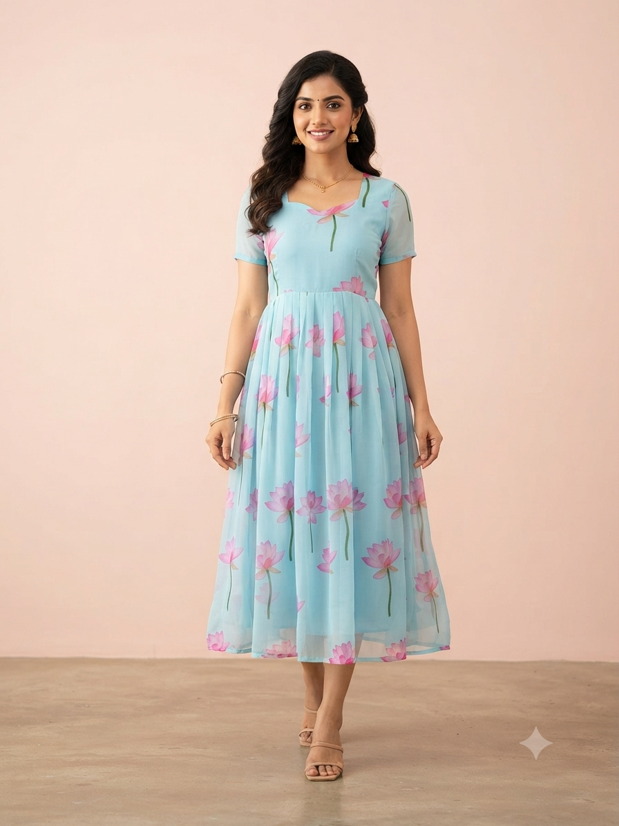 Sky Blue Lotus Print Georgette Non-Feeding Gown