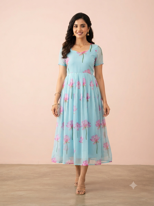 Sky Blue Lotus Print Georgette Non-Feeding Gown