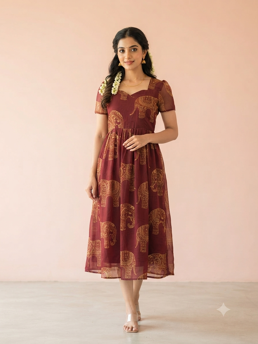Maroon Elephant Print Georgette Non-Feeding Gown