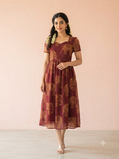 Maroon Elephant Print Georgette Non-Feeding Gown