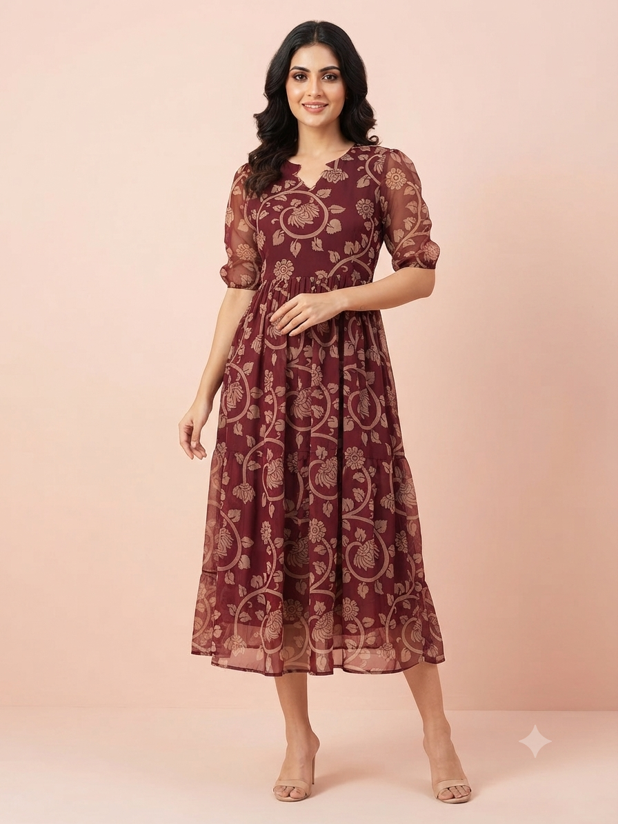 Maroon Floral Vine Print Georgette Non-Feeding Gown