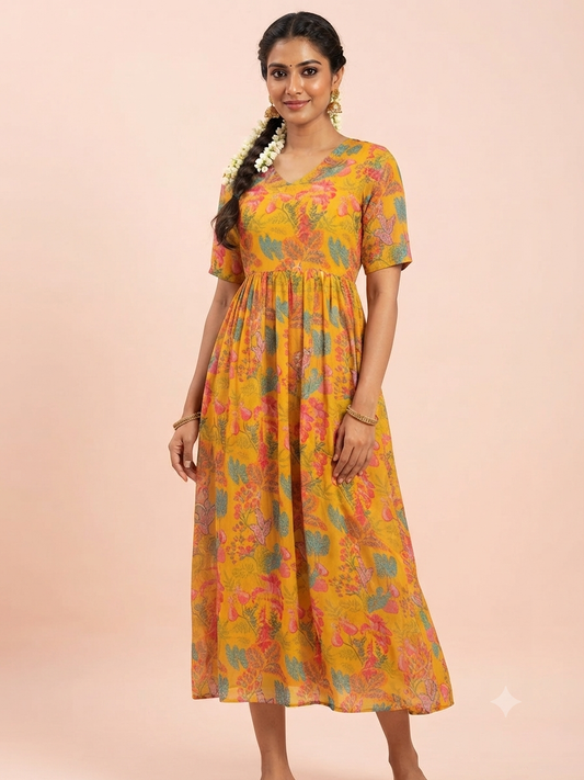 Mustard Yellow Botanical Print Georgette Non-Feeding Maxi