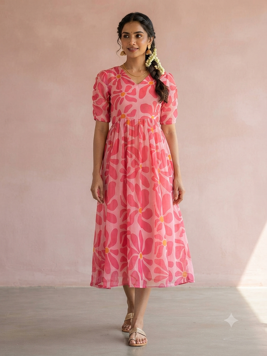 Baby Pink Abstract Daisy Print Georgette Non-Feeding Maxi