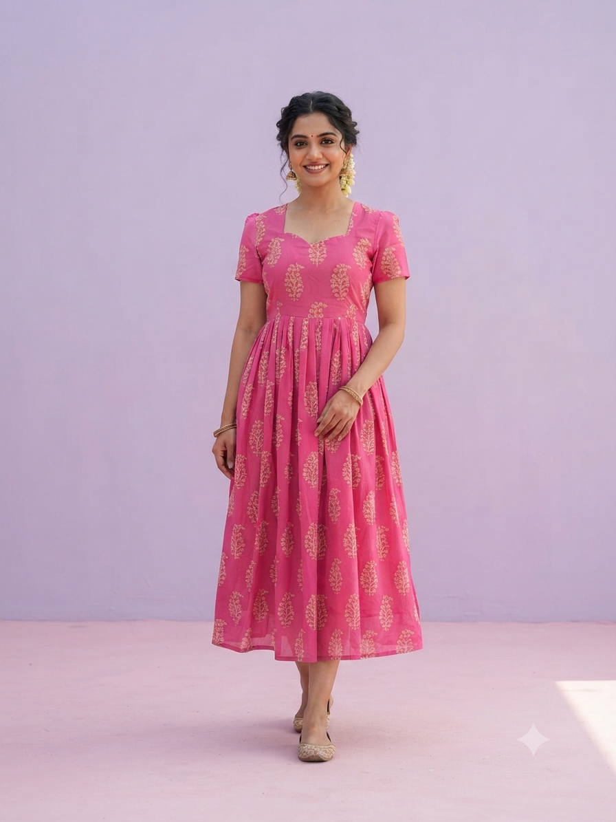 Candy Pink Gold Buta Print Georgette Non-Feeding Maxi