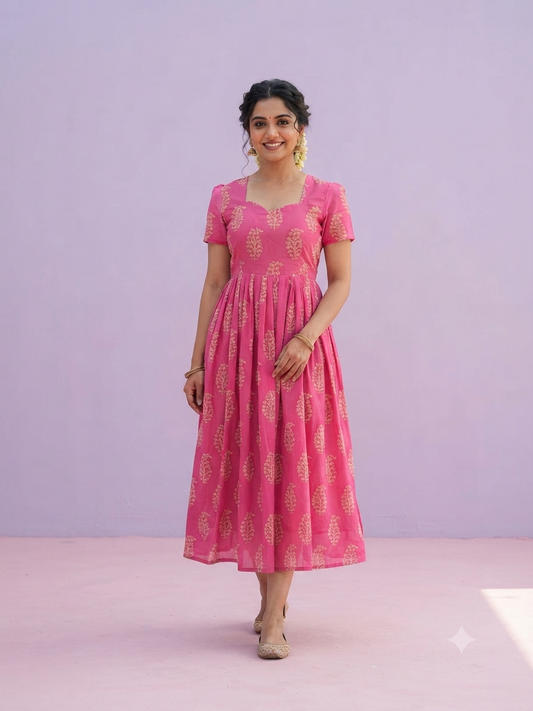 Candy Pink Gold Buta Print Georgette Non-Feeding Maxi