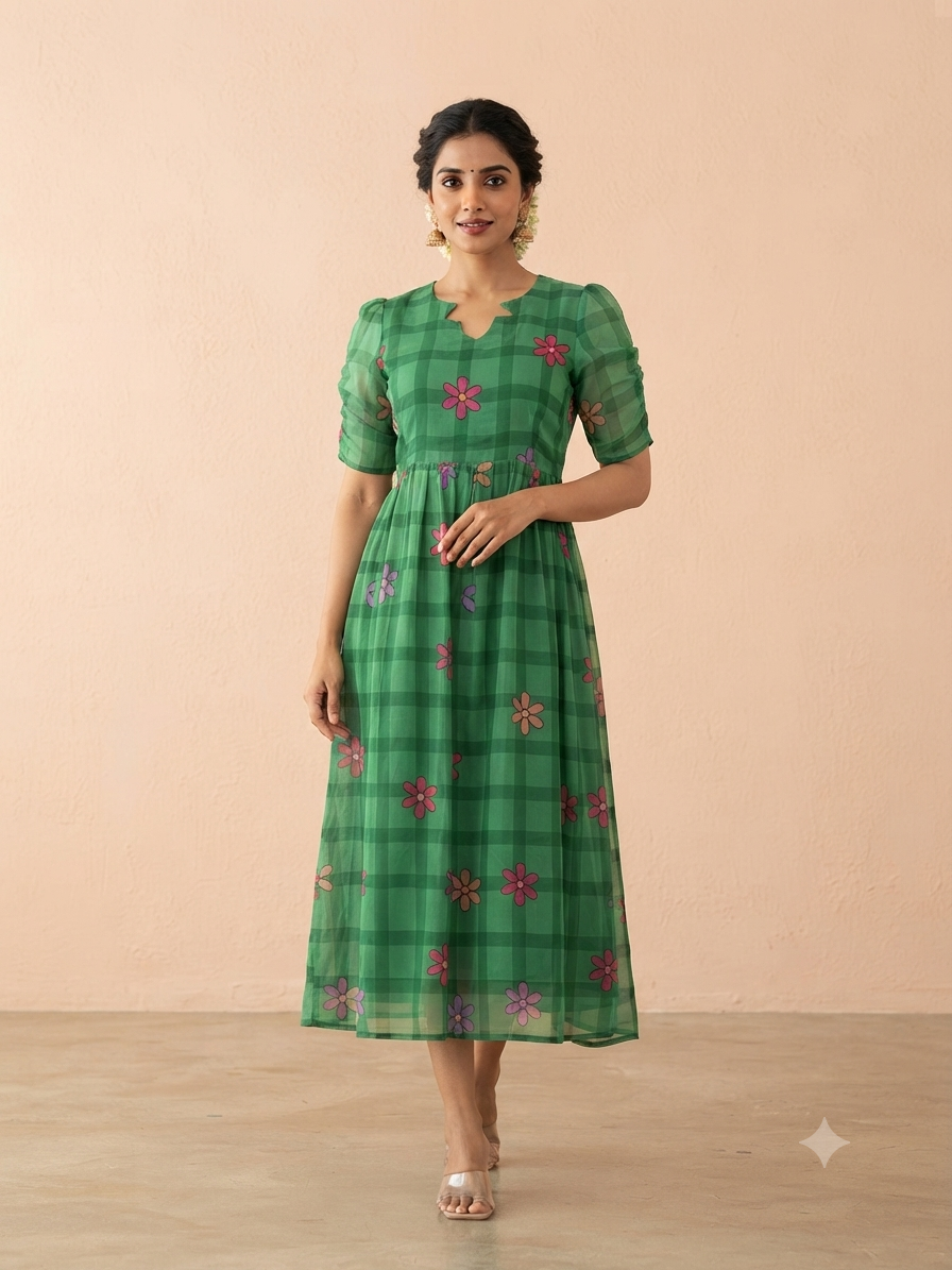 Emerald Green Floral Check Print Georgette Non-Feeding Maxi