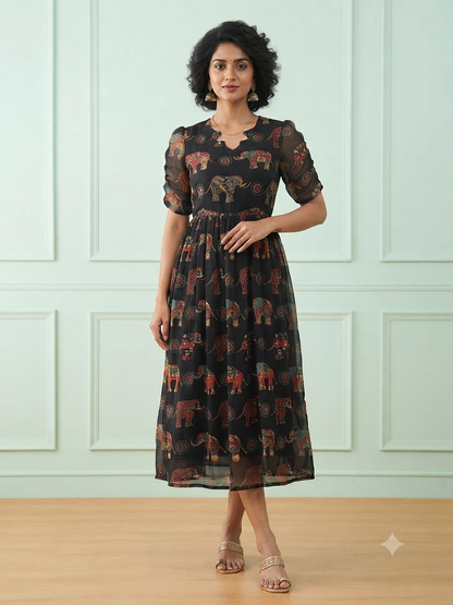 Jet Black Ethnic Elephant Print Georgette Non-Feeding Maxi