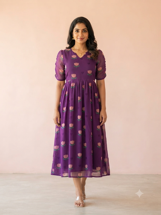 Royal Purple Tulip Floral Print Georgette Non-Feeding Maxi