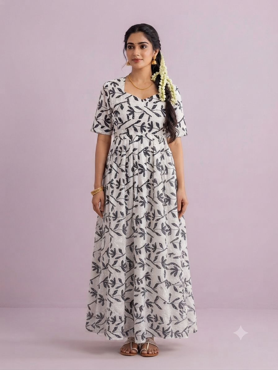 Off White Charcoal Leaf Print Georgette Non-Feeding Maxi
