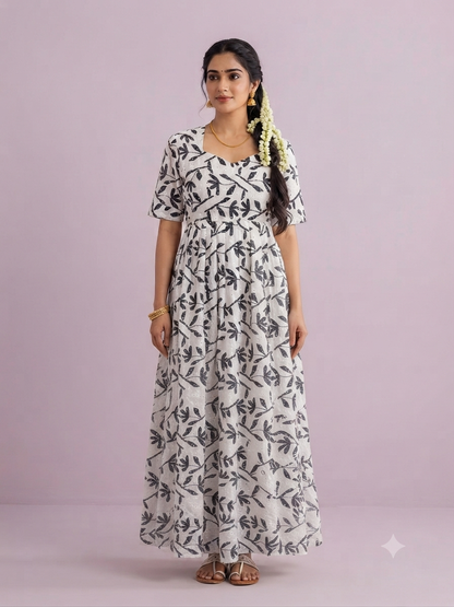 Off White Charcoal Leaf Print Georgette Non-Feeding Maxi