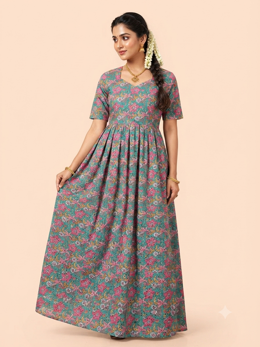 Teal Green Ditsy Floral Print Georgette Non-Feeding Maxi