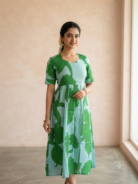 Mint Green Tropical Floral Print Budget Friendly Frock