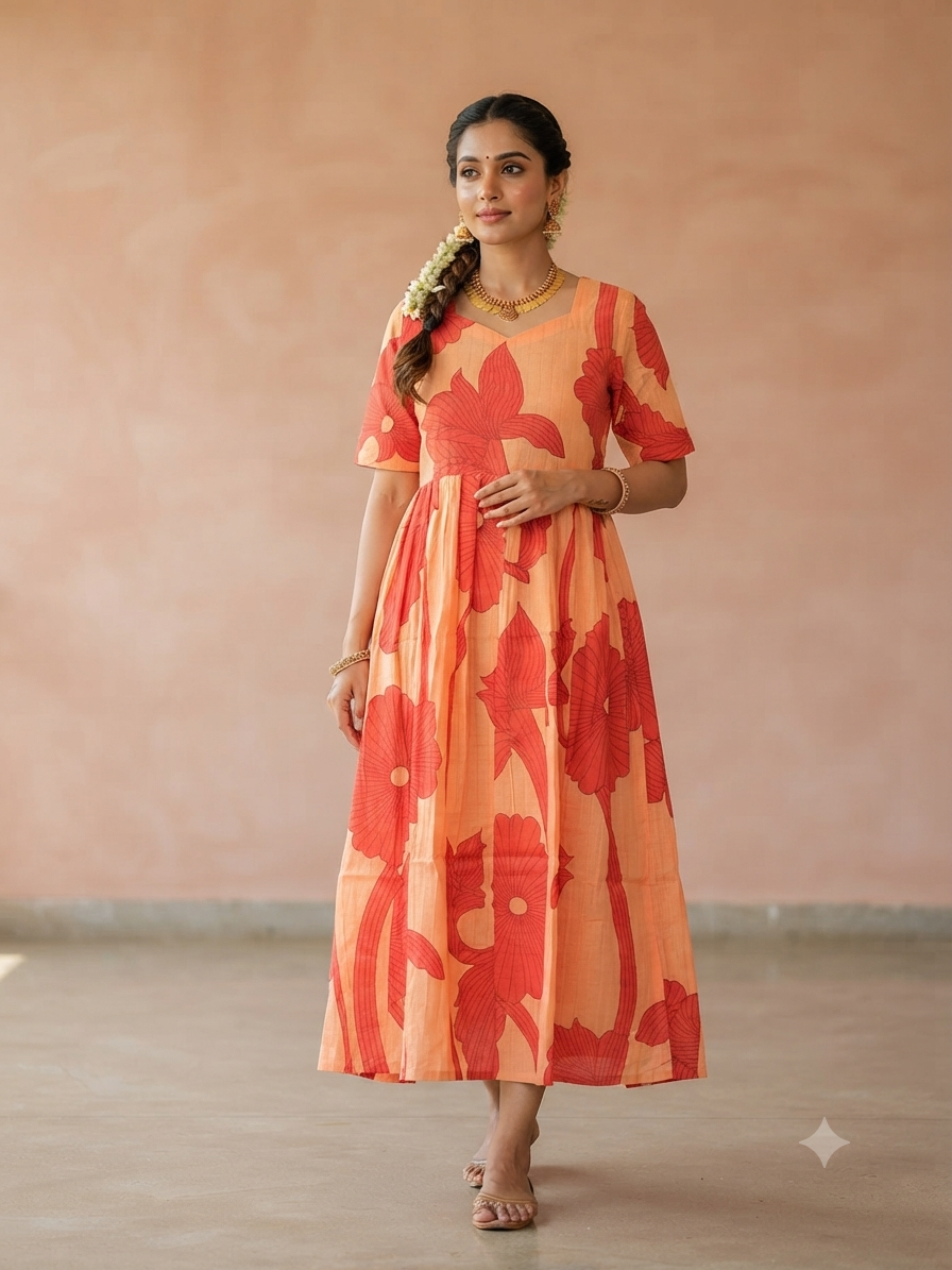 Peach Coral Oversized Floral Print Budget Friendly Frock