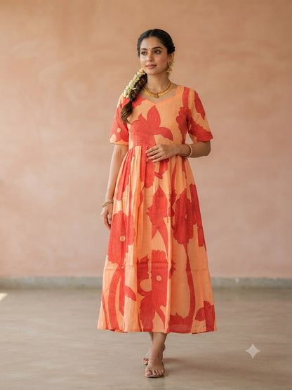 Peach Coral Oversized Floral Print Budget Friendly Frock