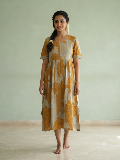 Beige Mustard Abstract Floral Print Budget Friendly Frock