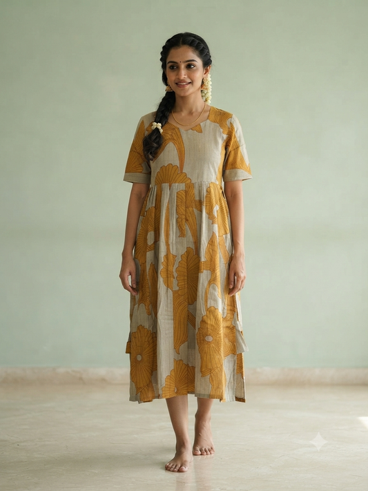 Beige Mustard Abstract Floral Print Budget Friendly Frock