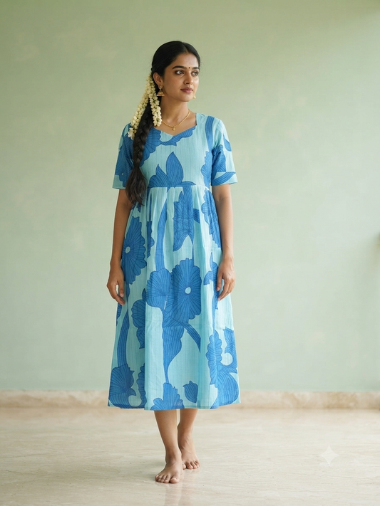 Sky Blue Tropical Floral Print Budget Friendly Frock