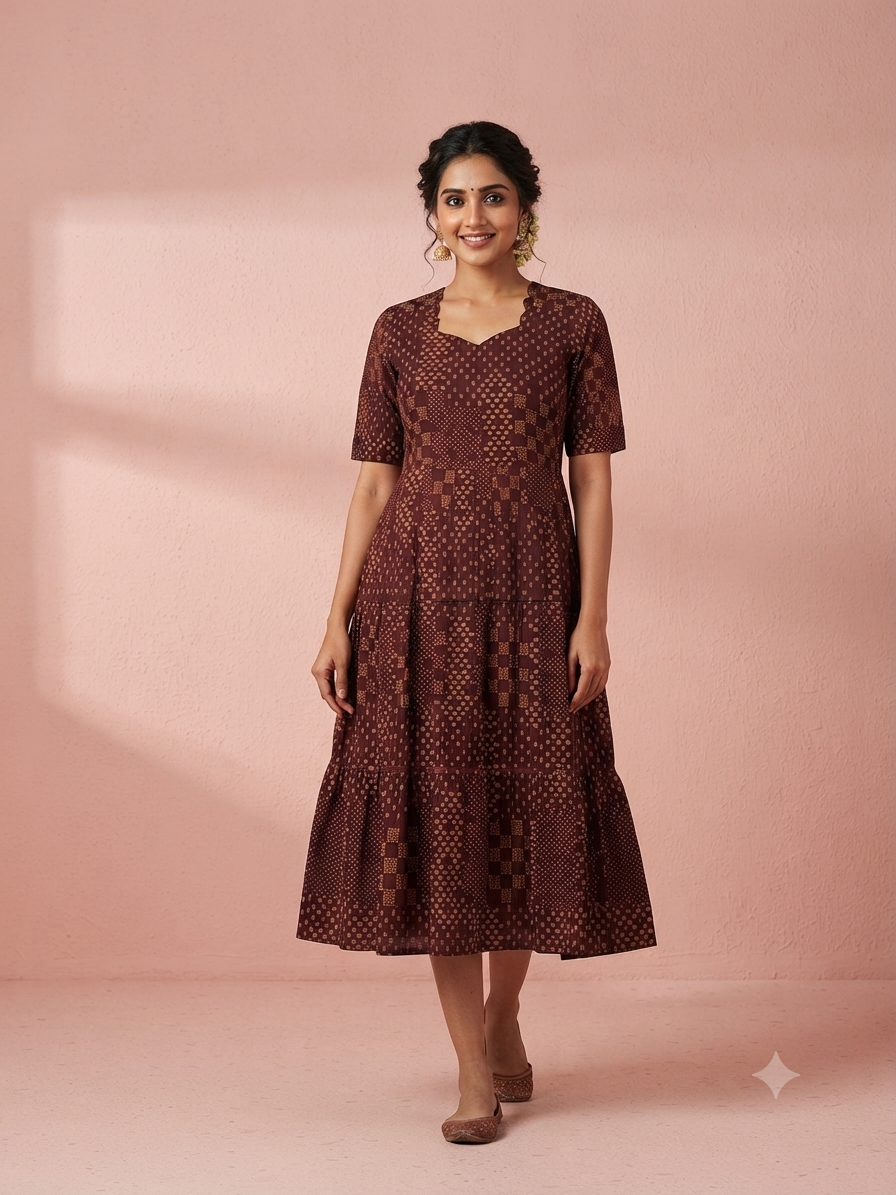 Coffee Brown Geometric Buta Print Budget Friendly Frock