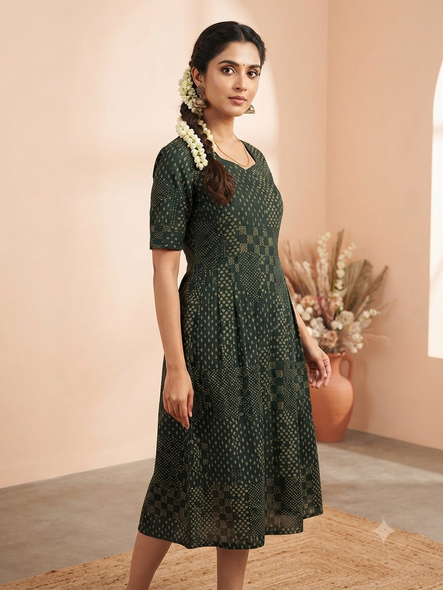 Bottle Green Geometric Printed Fit & Flare Midi Frock