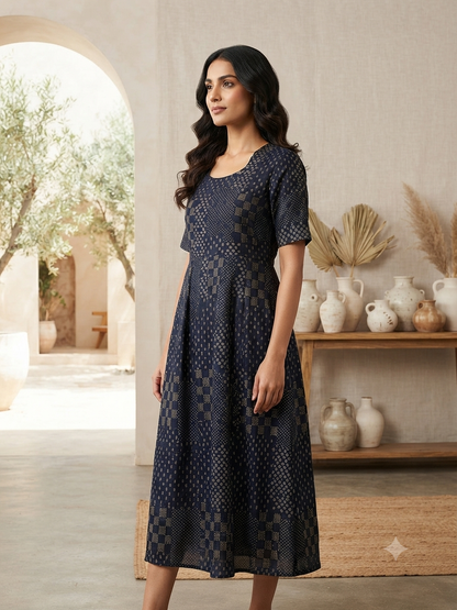Navy Blue Geometric Buta Print Budget Friendly Frock